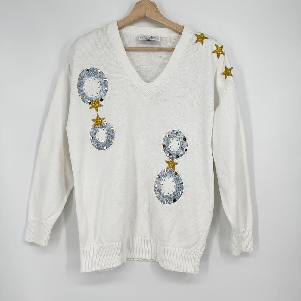 Vtg 80s Something More Sweater Embellished Medium White Gold Star USA Studded